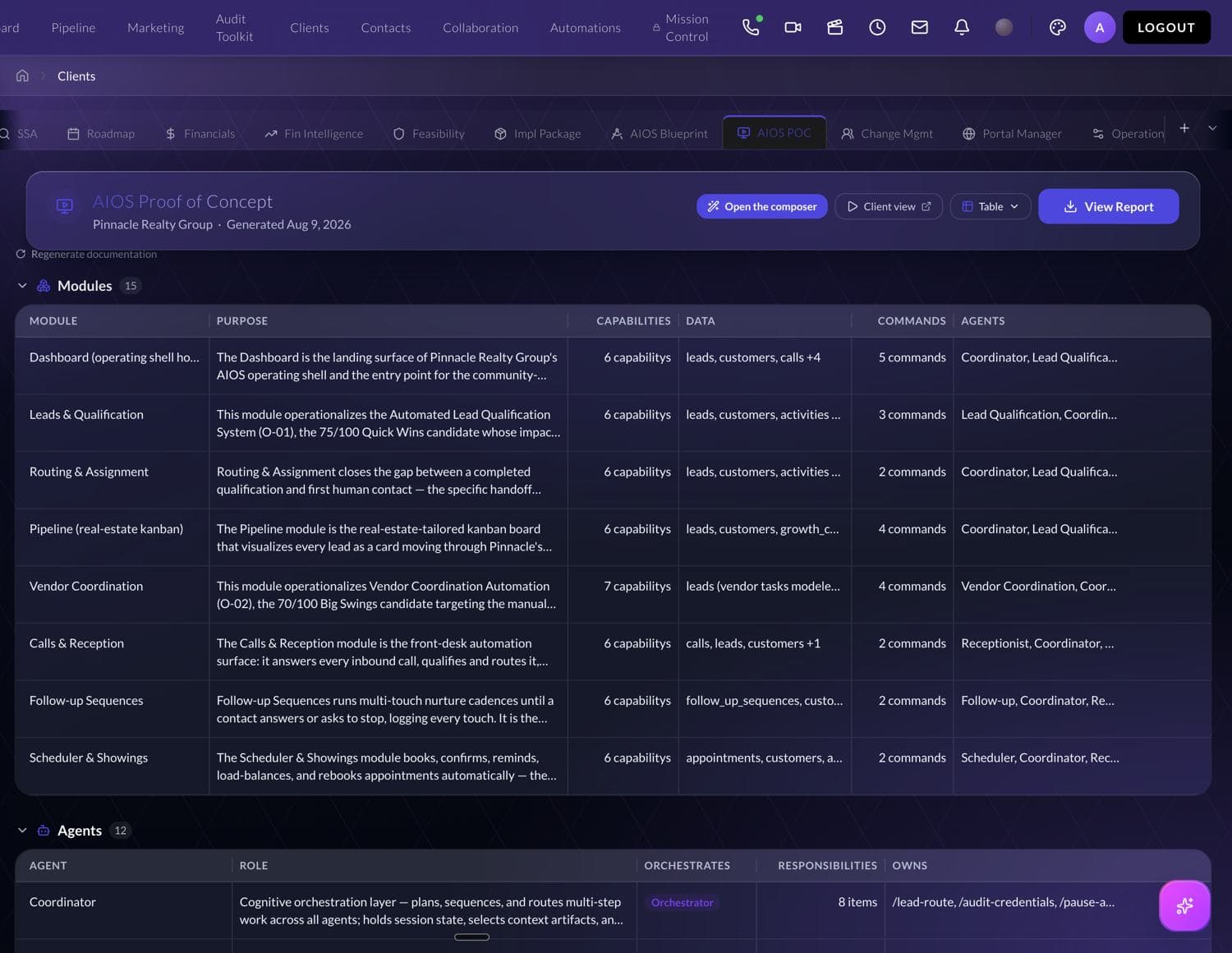AIOS proof of concept screen listing 15 modules and 12 agents