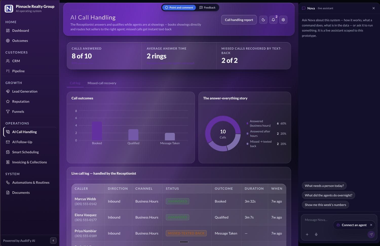 Call handling module with live log