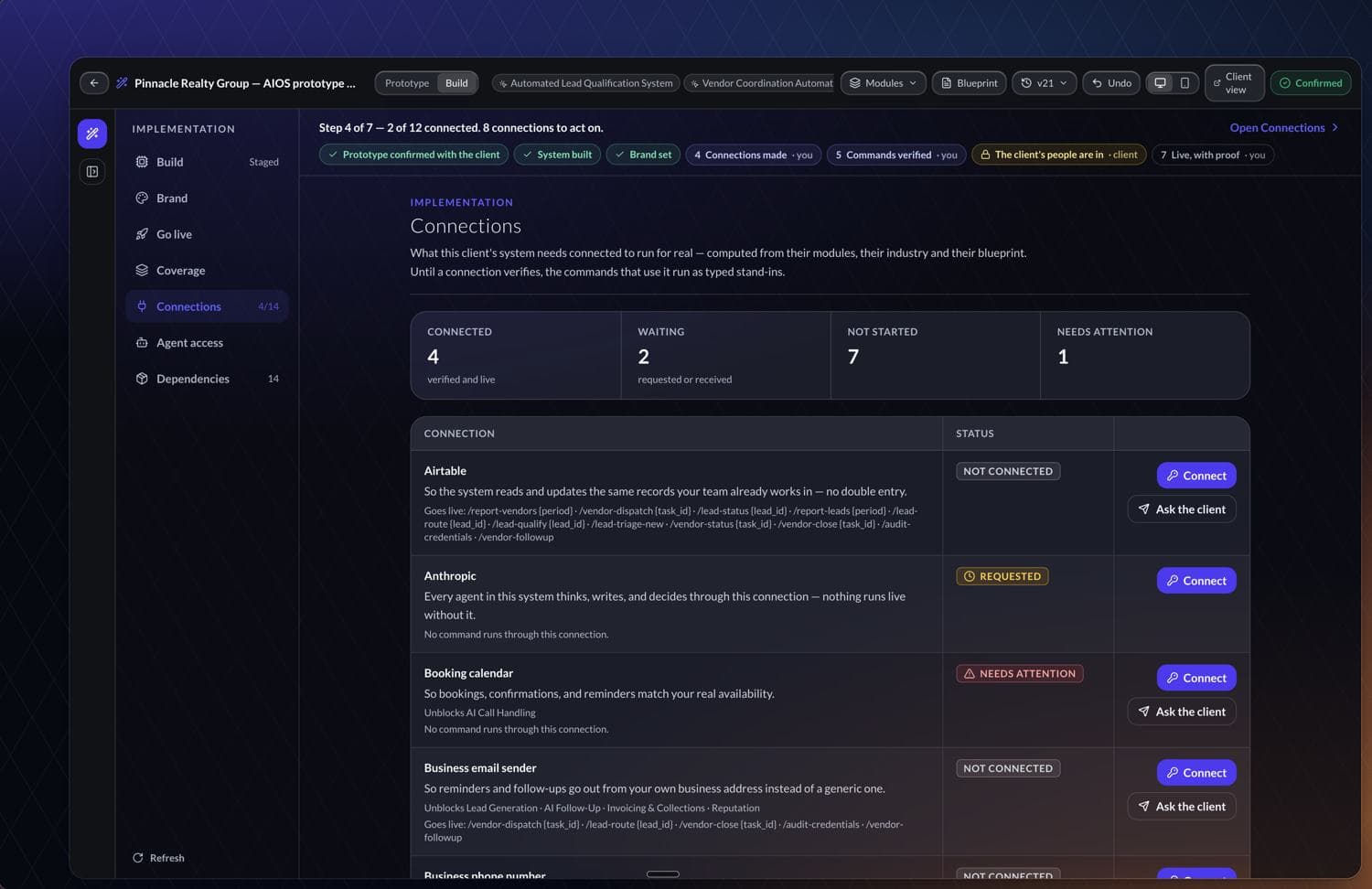Connections step with verified and pending integrations