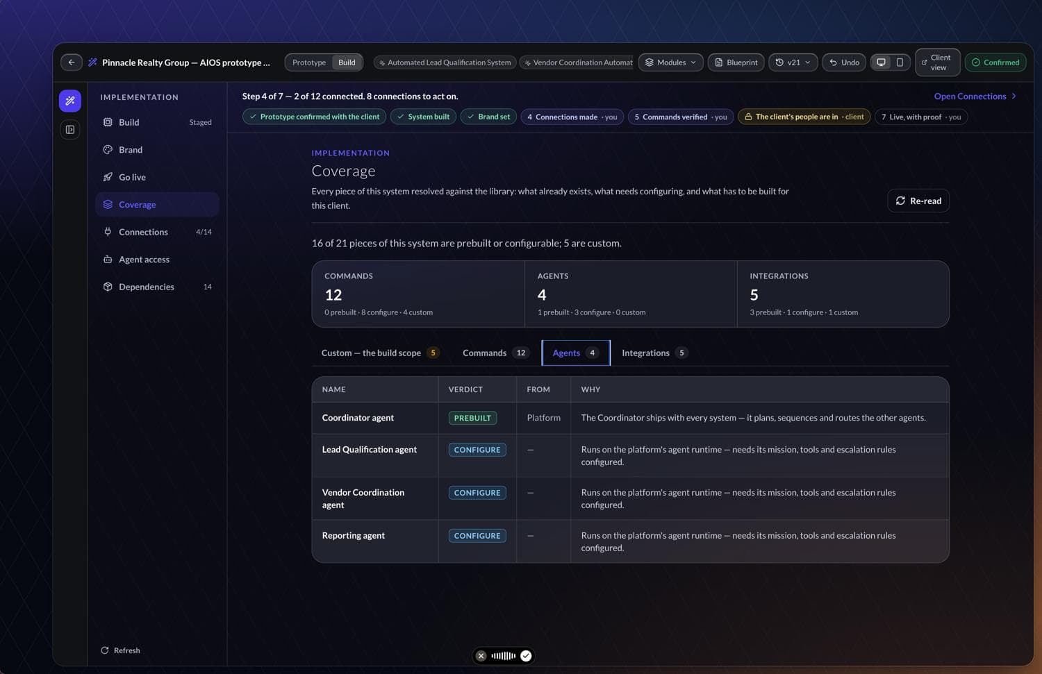 Coverage screen showing prebuilt, configurable and custom pieces
