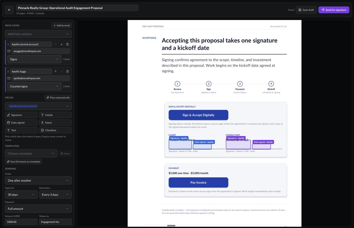 Proposal ready for signature and payment